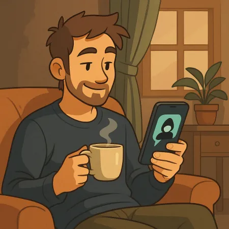Hombre barbudo sentado cómodamente en un sillón, sosteniendo una taza de café humeante en una mano y un smartphone en la otra. Sonríe mirando la pantalla, donde aparece una silueta anónima. El ambiente interior es acogedor, con una planta, una cortina y una ventana de fondo