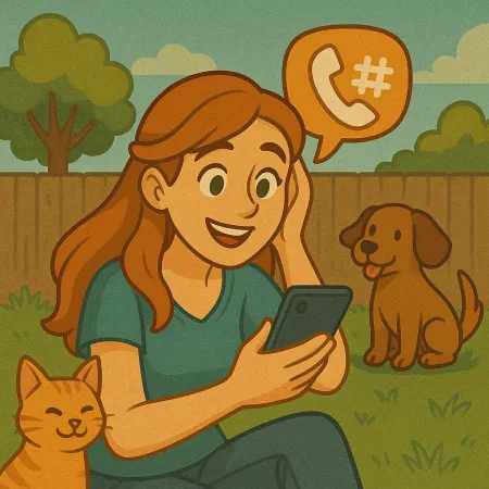 Mujer pelirroja sentada en la hierba en un jardín, sonriendo mientras mira su smartphone. Un gato naranja está acurrucado contra ella y un perro marrón está sentado cerca. Una burbuja de diálogo con un ícono de teléfono y un numeral flota sobre ella, sugiriendo una conversación telefónica.
