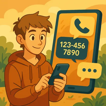 Joven sonriente con sudadera con capucha utilizando su smartphone, con una gran pantalla de teléfono de fondo mostrando un ícono de llamada y un número de teléfono ficticio (123-456-7890), en un entorno exterior estilizado y acogedor