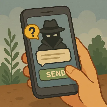 Mano sosteniendo un smartphone mostrando un personaje enmascarado con impermeable y sombrero, representando un remitente anónimo. Se ve un globo de diálogo con un signo de interrogación, así como un botón verde marcado 'ENVIAR', sugiriendo el envío de un mensaje anónimo