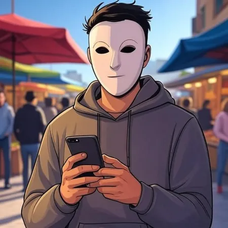 Un joven de estilo animado con una máscara blanca y un sudadero gris, mirando su teléfono en un mercado al aire libre.