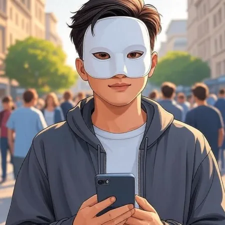 Un joven de estilo animado que lleva una máscara blanca y una chaqueta con capucha gris, mira a la cámara mientras sostiene un smartphone en una calle llena de gente.