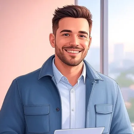 Un joven sonriente en atuendo profesional relajado en una oficina.