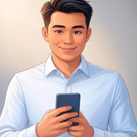 Ilustración de un hombre de negocios sonriente en un traje azul sosteniendo un smartphone.