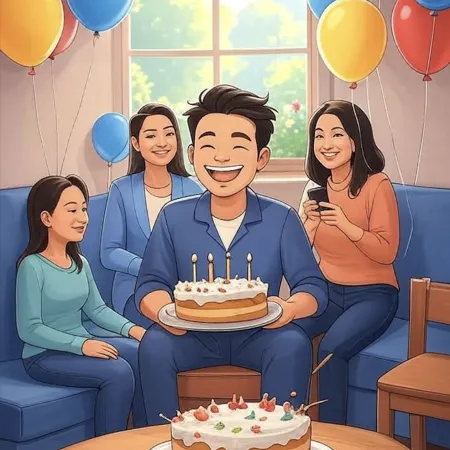 Hombre sonriente sosteniendo un pastel con cinco velas, rodeado de seres queridos en una sala decorada con globos coloridos.