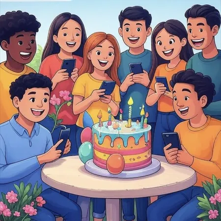 Grupo de jóvenes sonrientes rodeando un colorido pastel de cumpleaños con velas, globos y decoraciones, mientras sostienen sus teléfonos.