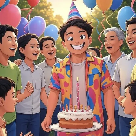 Niño sonriente con sombrero de fiesta sosteniendo un pastel con una vela, rodeado de invitados y globos de colores al aire libre.