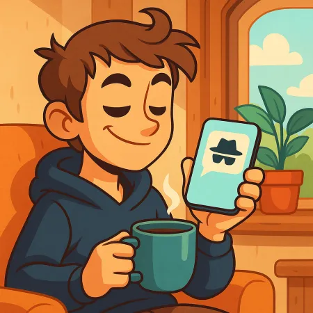 Ilustración de un joven sonriente, sentado cómodamente con una taza de café, sosteniendo un smartphone que muestra un ícono de mensaje anónimo con un sombrero y gafas oscuras